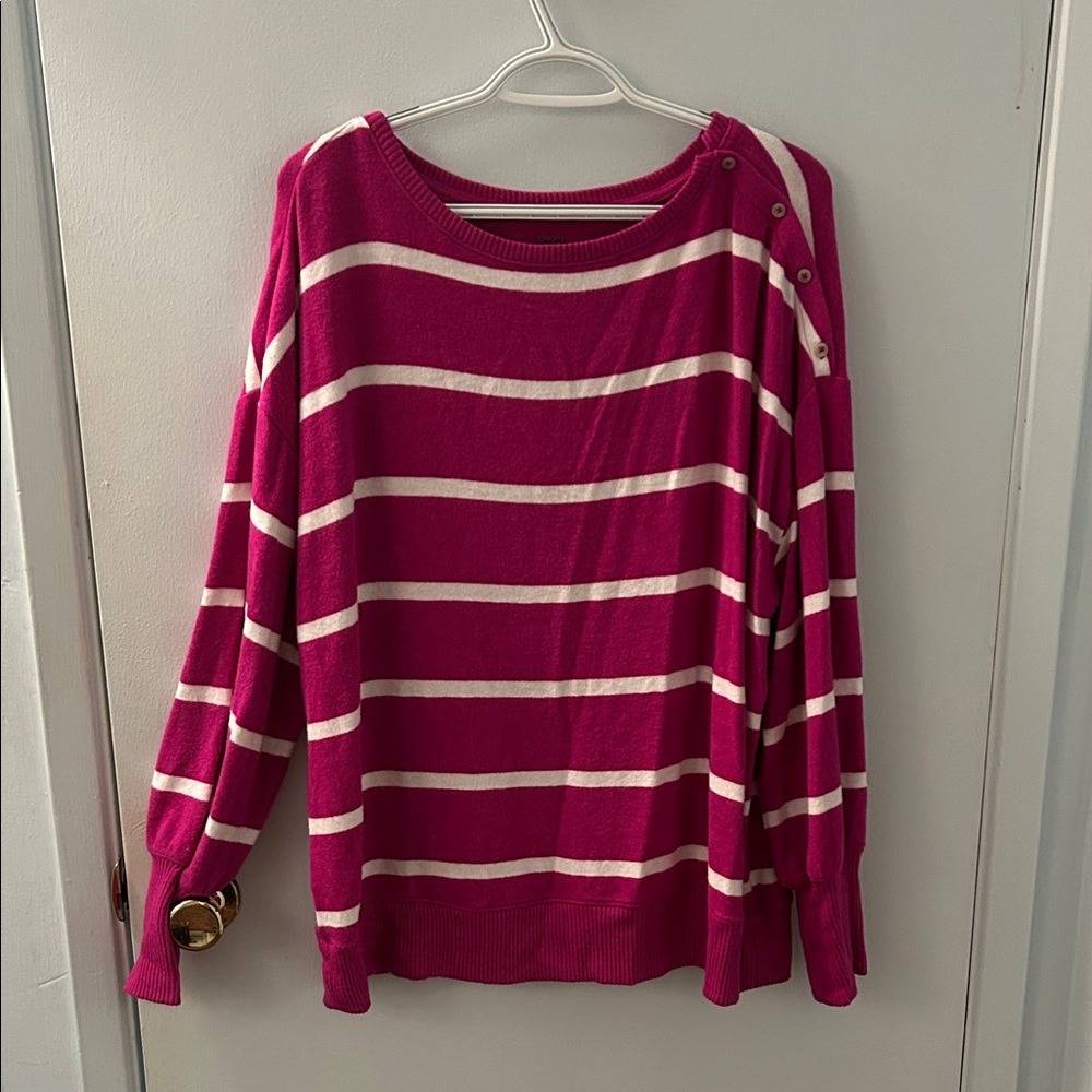 Sonoma Goods For Life Women's Fuchsia and White Striped Sweater